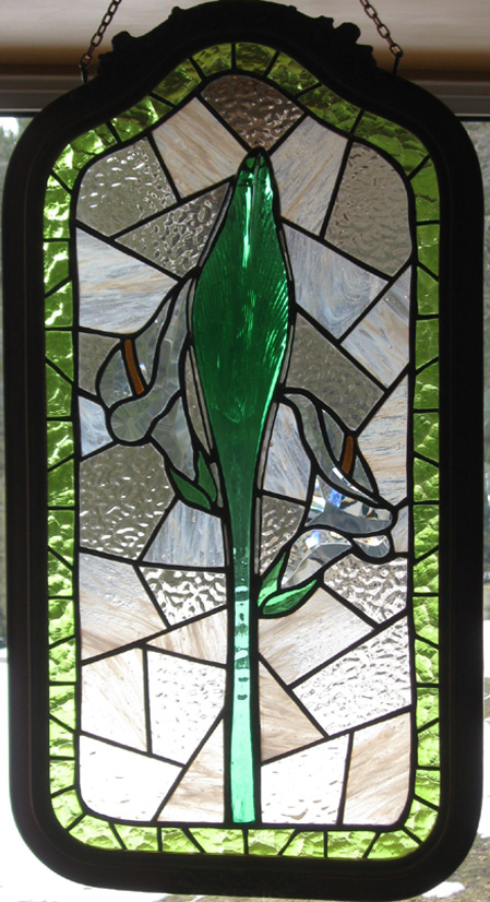 Bevelled Calla lilies in antique frame by Stained Glass Artist Yvonne DeViller